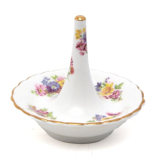 Vintage Bone China Ring Holder Dish Jewelry Floral Canada White Pink Gold 80s - Picture 1 of 8